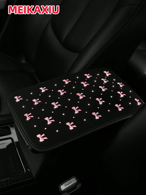 MEIKAXIU 1pc Glitter Beautiful Bowknot Bling Bling Waterproof Fabric Car Armrest Box Mat, All-Season Universal Car Interior Accessories Center Console Mat,Car Accessories