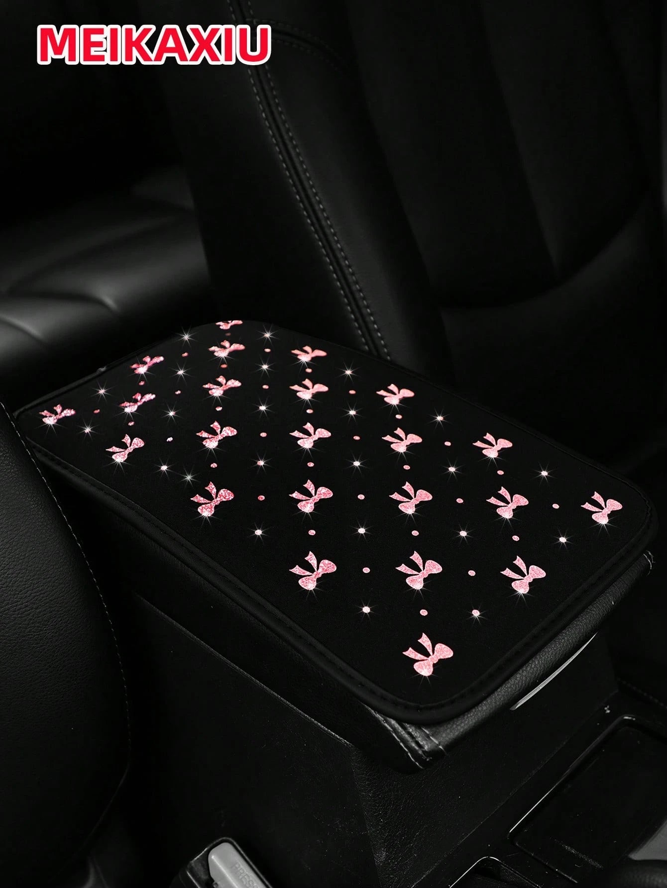MEIKAXIU 1pc Glitter Beautiful Bowknot Bling Bling Waterproof Fabric Car Armrest Box Mat, All-Season Universal Car Interior Accessories Center Console Mat,Car Accessories