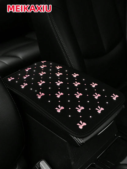MEIKAXIU 1pc Glitter Beautiful Bowknot Bling Bling Waterproof Fabric Car Armrest Box Mat, All-Season Universal Car Interior Accessories Center Console Mat,Car Accessories
