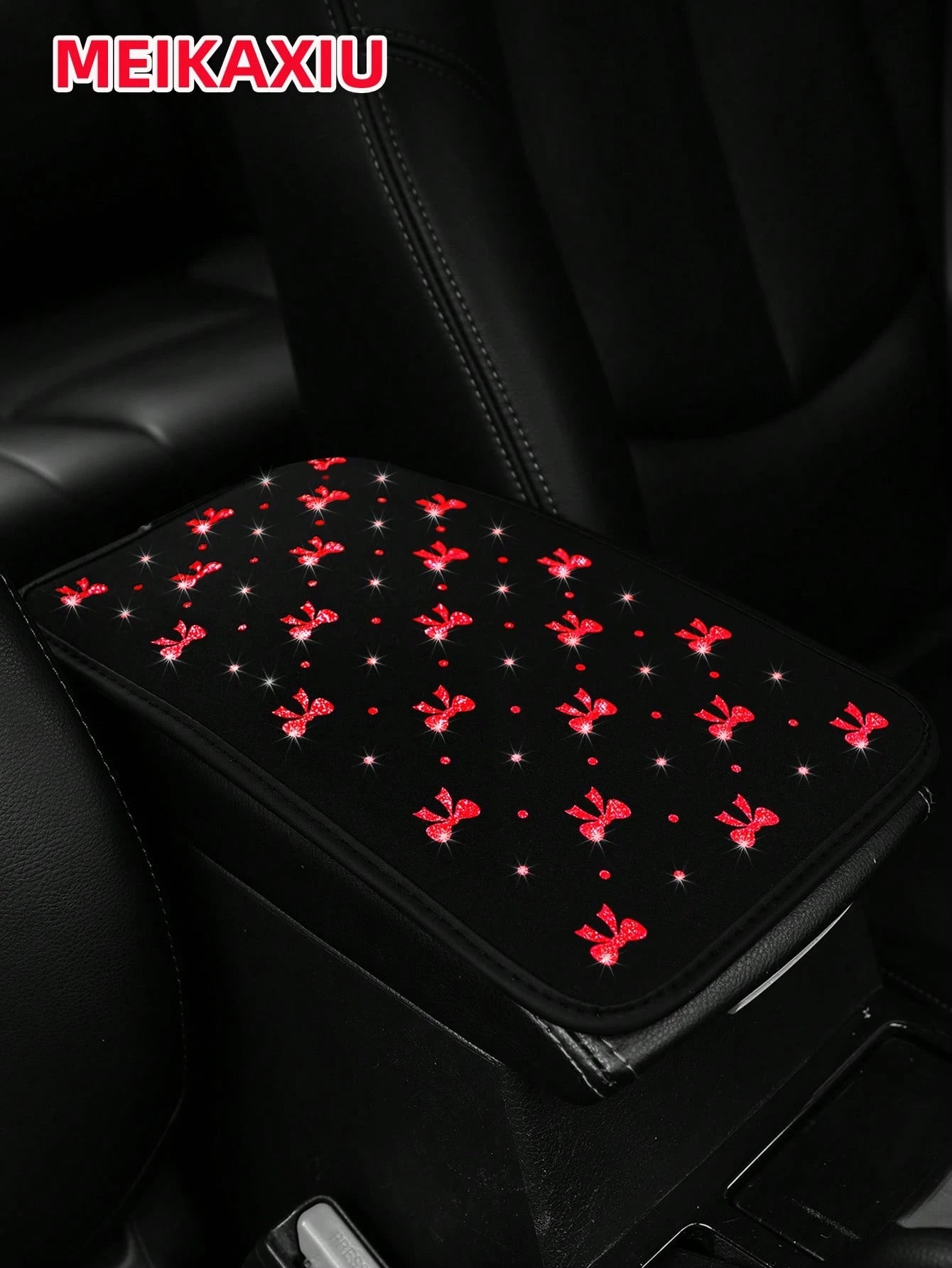 MEIKAXIU 1pc Glitter Beautiful Bowknot Bling Bling Waterproof Fabric Car Armrest Box Mat, All-Season Universal Car Interior Accessories Center Console Mat,Car Accessories
