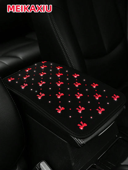 MEIKAXIU 1pc Glitter Beautiful Bowknot Bling Bling Waterproof Fabric Car Armrest Box Mat, All-Season Universal Car Interior Accessories Center Console Mat,Car Accessories