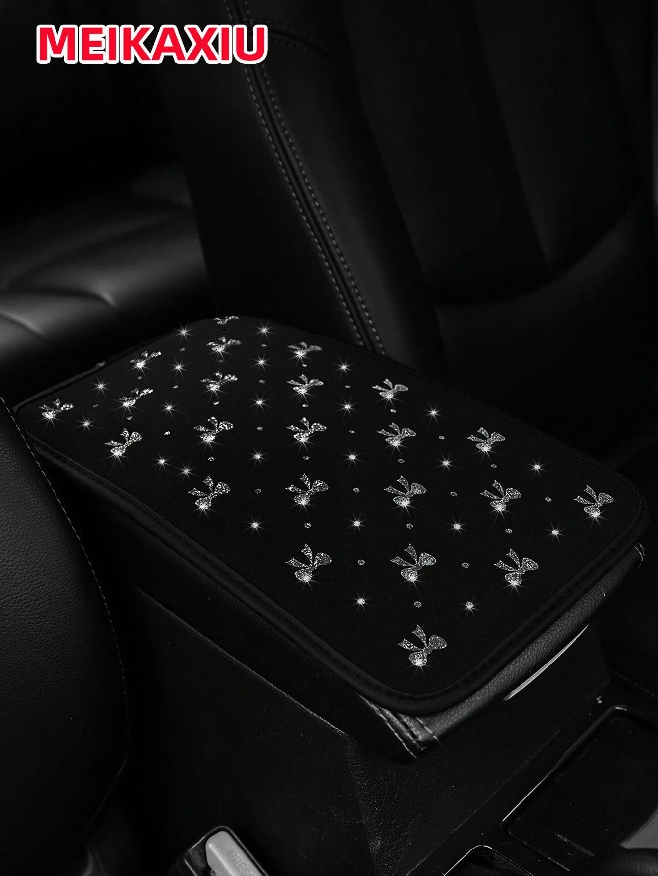 MEIKAXIU 1pc Glitter Beautiful Bowknot Bling Bling Waterproof Fabric Car Armrest Box Mat, All-Season Universal Car Interior Accessories Center Console Mat,Car Accessories
