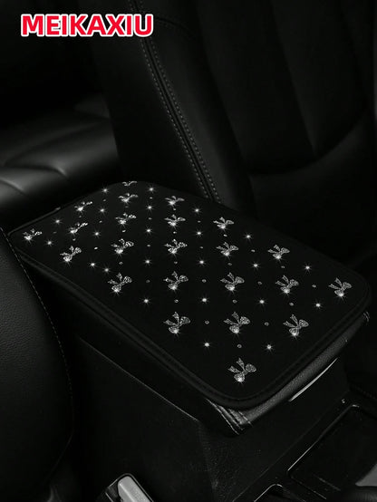 MEIKAXIU 1pc Glitter Beautiful Bowknot Bling Bling Waterproof Fabric Car Armrest Box Mat, All-Season Universal Car Interior Accessories Center Console Mat,Car Accessories