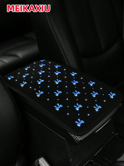 MEIKAXIU 1pc Glitter Beautiful Bowknot Bling Bling Waterproof Fabric Car Armrest Box Mat, All-Season Universal Car Interior Accessories Center Console Mat,Car Accessories