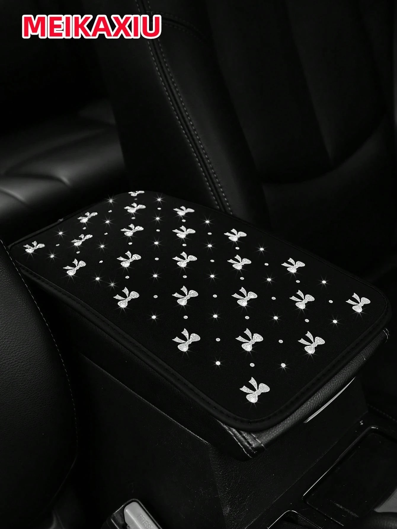 MEIKAXIU 1pc Glitter Beautiful Bowknot Bling Bling Waterproof Fabric Car Armrest Box Mat, All-Season Universal Car Interior Accessories Center Console Mat,Car Accessories