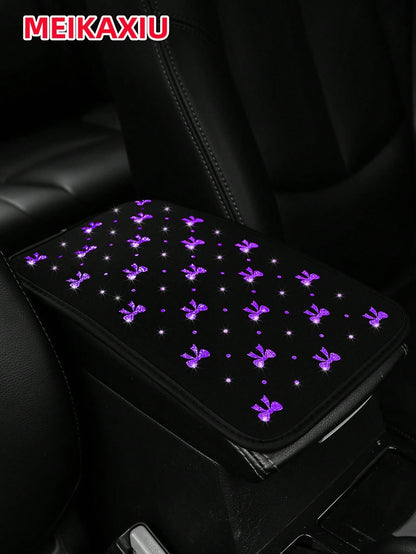 MEIKAXIU 1pc Glitter Beautiful Bowknot Bling Bling Waterproof Fabric Car Armrest Box Mat, All-Season Universal Car Interior Accessories Center Console Mat,Car Accessories
