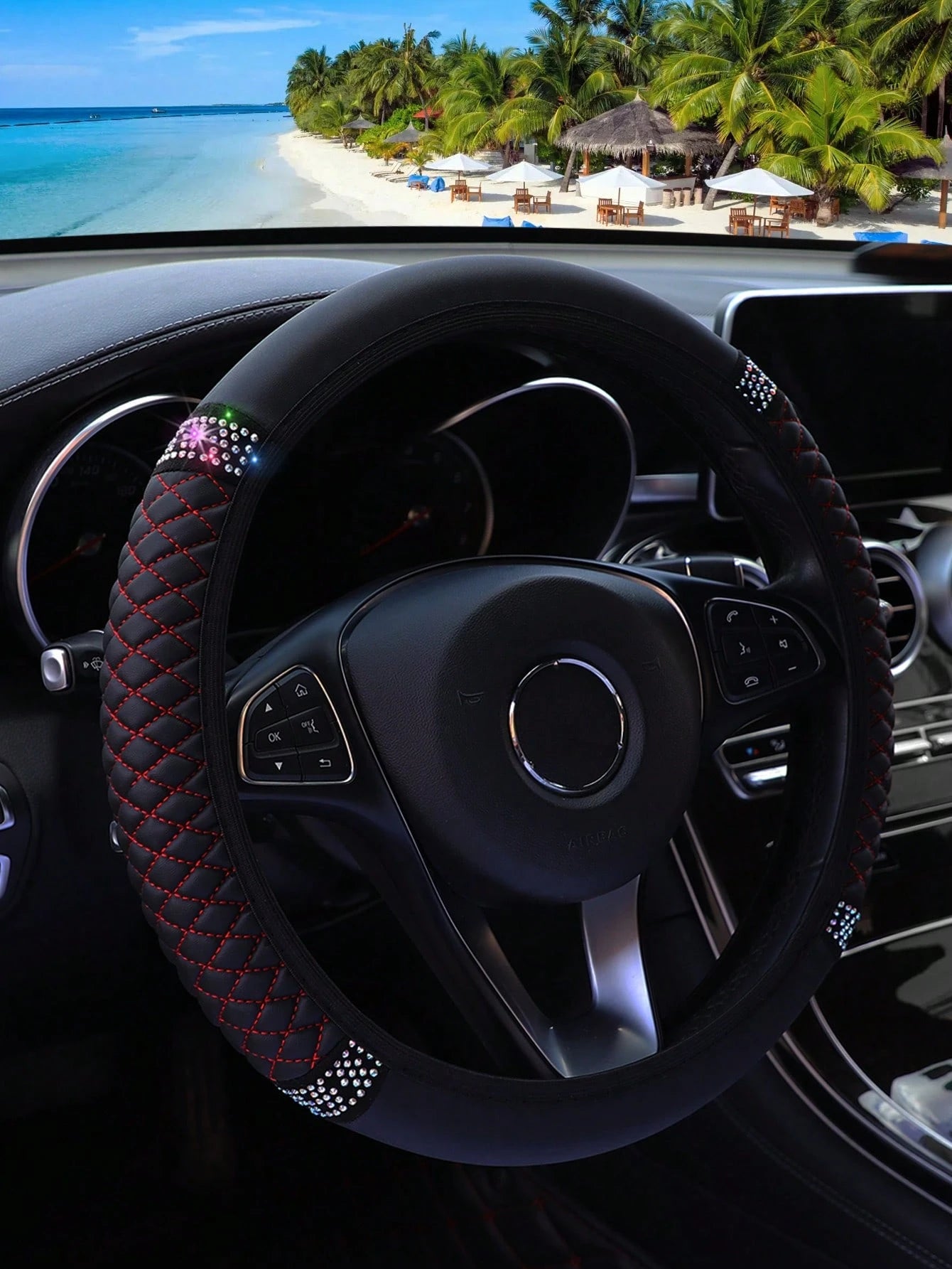 MEIKAXIU 1pc PU Leather 3D Embroidery With Rhinestone Car Steering Wheel Cover (No Inner Ring) Blingbling Style For Women, Suitable For 14.5-15 Inches Car Accessories,Steering Wheel Cover For Women