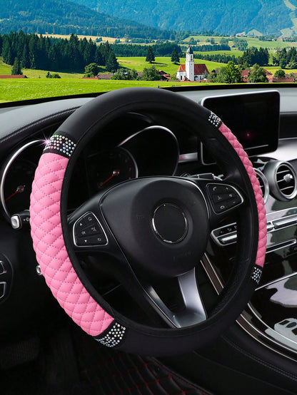 MEIKAXIU 1pc PU Leather 3D Embroidery With Rhinestone Car Steering Wheel Cover (No Inner Ring) Blingbling Style For Women, Suitable For 14.5-15 Inches Car Accessories,Steering Wheel Cover For Women