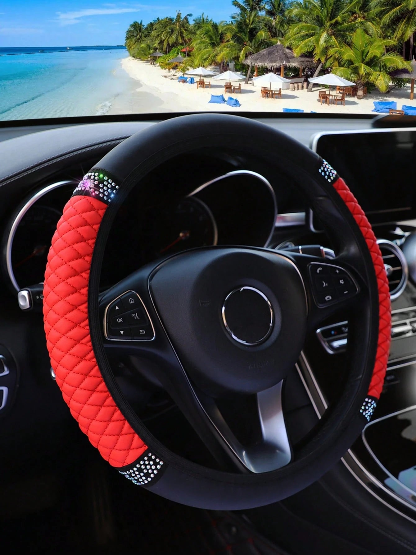 MEIKAXIU 1pc PU Leather 3D Embroidery With Rhinestone Car Steering Wheel Cover (No Inner Ring) Blingbling Style For Women, Suitable For 14.5-15 Inches Car Accessories,Steering Wheel Cover For Women