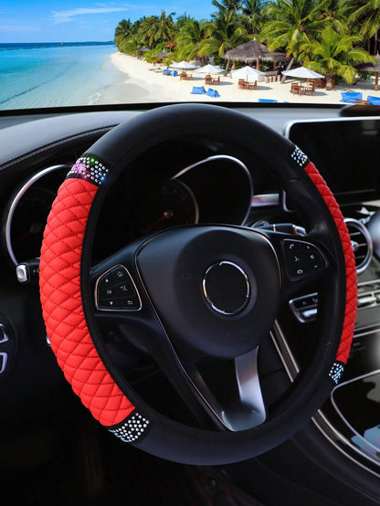 MEIKAXIU 1pc PU Leather 3D Embroidery With Rhinestone Car Steering Wheel Cover (No Inner Ring) Blingbling Style For Women, Suitable For 14.5-15 Inches Car Accessories,Steering Wheel Cover For Women