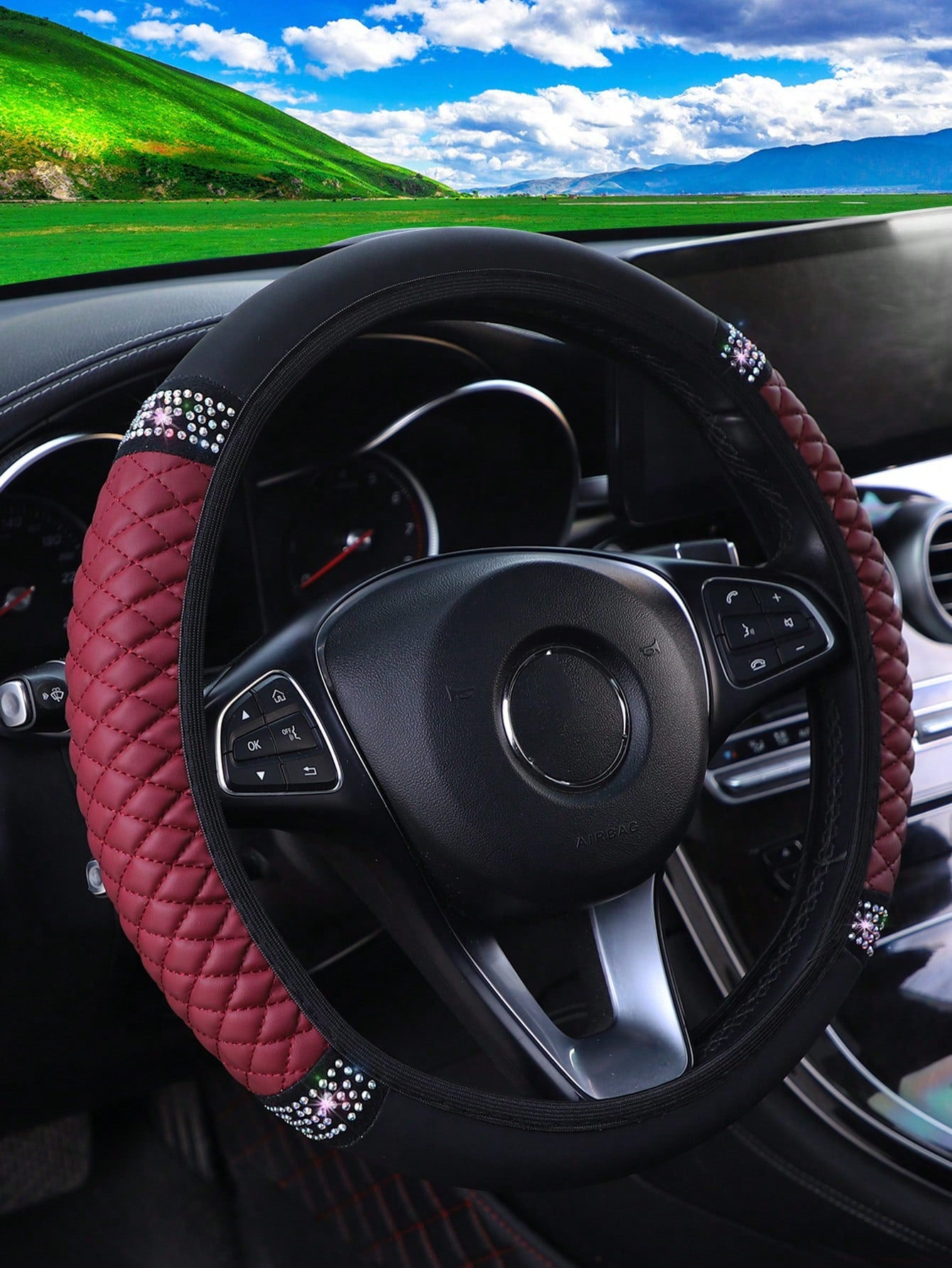 MEIKAXIU 1pc PU Leather 3D Embroidery With Rhinestone Car Steering Wheel Cover (No Inner Ring) Blingbling Style For Women, Suitable For 14.5-15 Inches Car Accessories,Steering Wheel Cover For Women