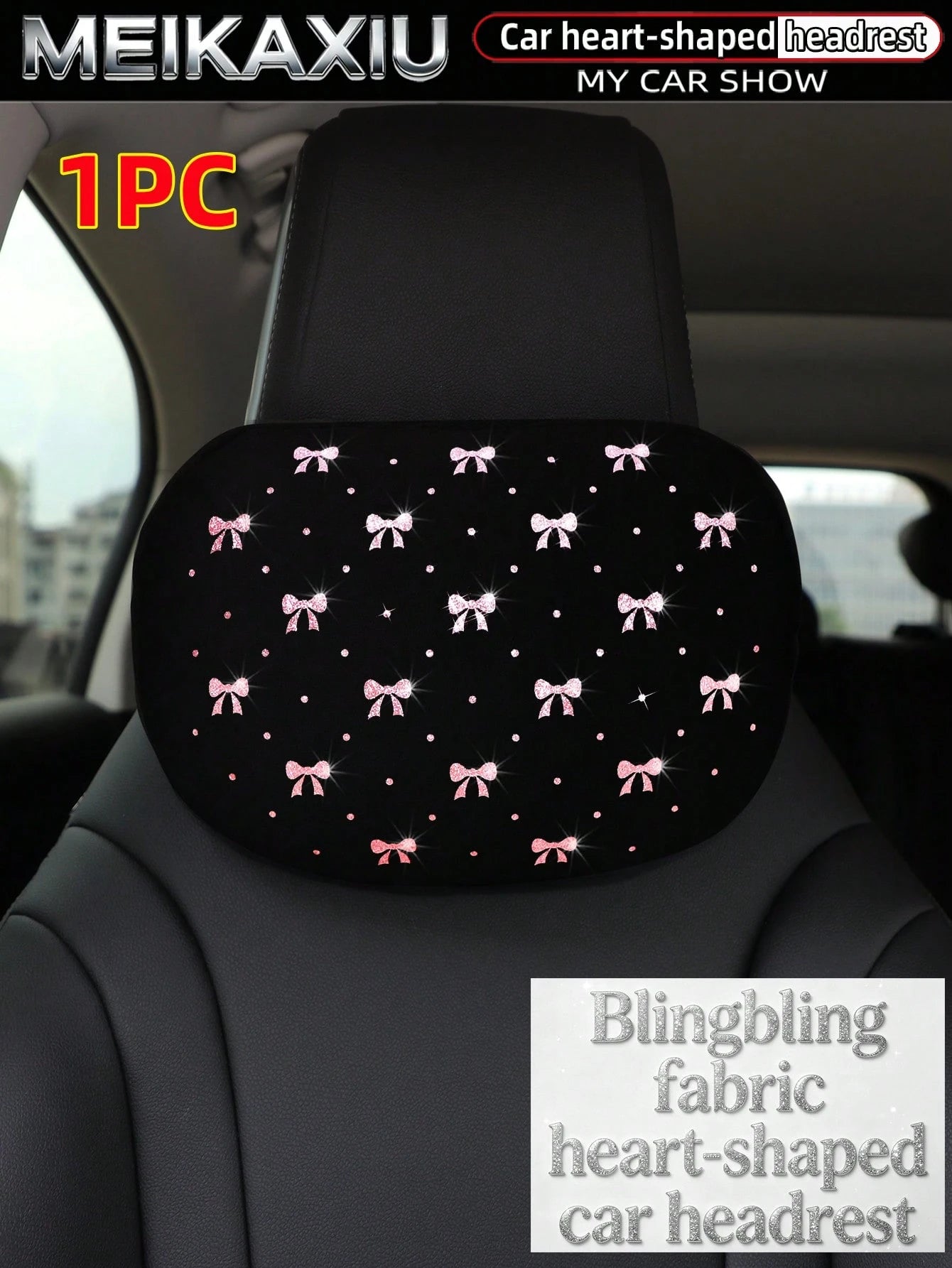 MEIKAXIU New Gold Foil Bowknot Diving Fabric Glitter Blingbling Car Headrest Neck Pillow Neck Support Relaxing Cushion Car Decoration Accessories For Women