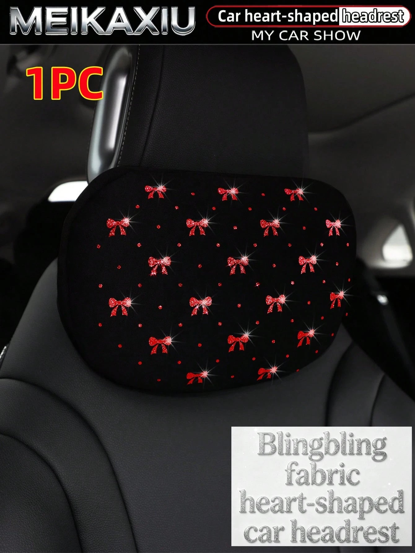 MEIKAXIU New Gold Foil Bowknot Diving Fabric Glitter Blingbling Car Headrest Neck Pillow Neck Support Relaxing Cushion Car Decoration Accessories For Women