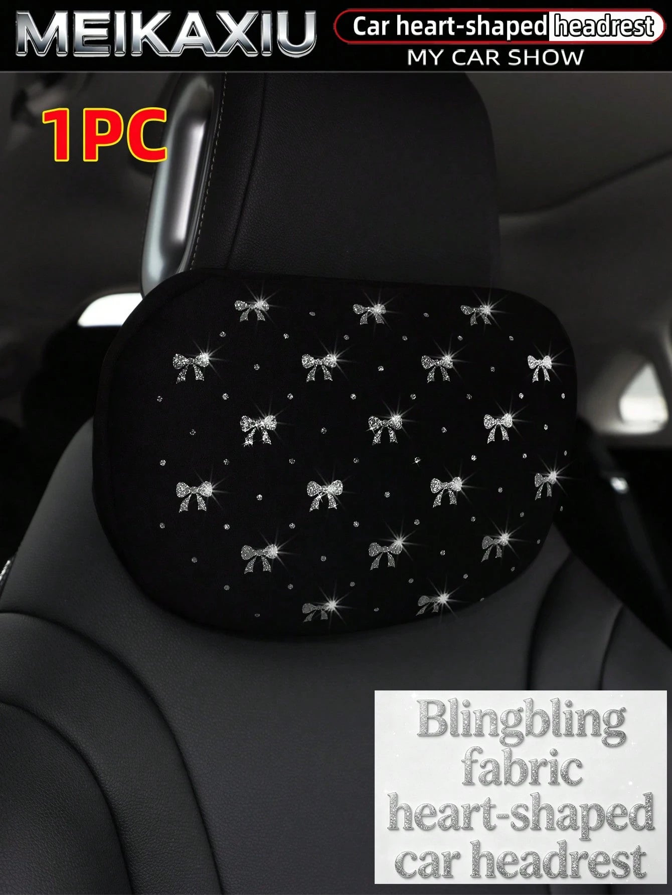 MEIKAXIU New Gold Foil Bowknot Diving Fabric Glitter Blingbling Car Headrest Neck Pillow Neck Support Relaxing Cushion Car Decoration Accessories For Women