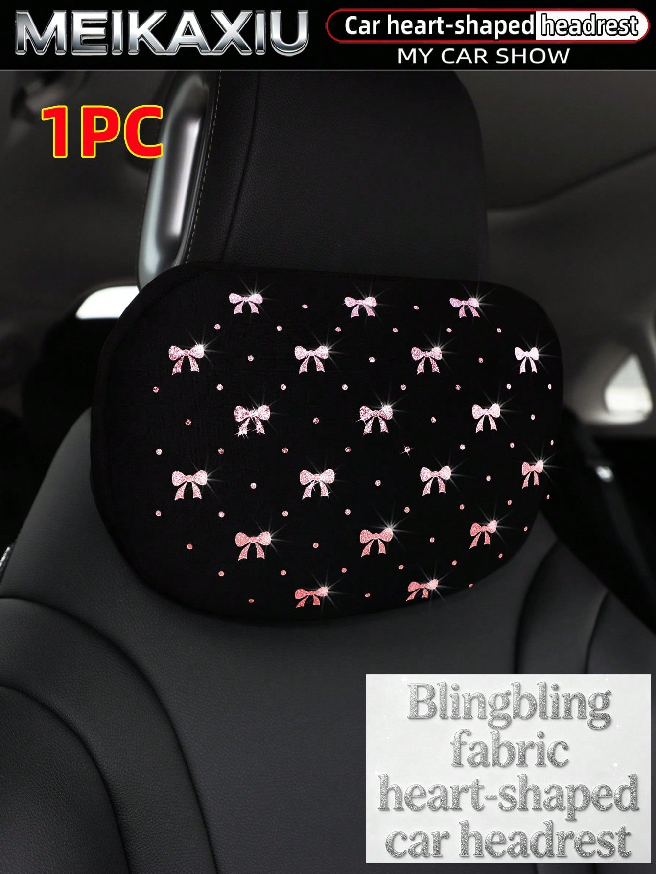 MEIKAXIU New Gold Foil Bowknot Diving Fabric Glitter Blingbling Car Headrest Neck Pillow Neck Support Relaxing Cushion Car Decoration Accessories For Women