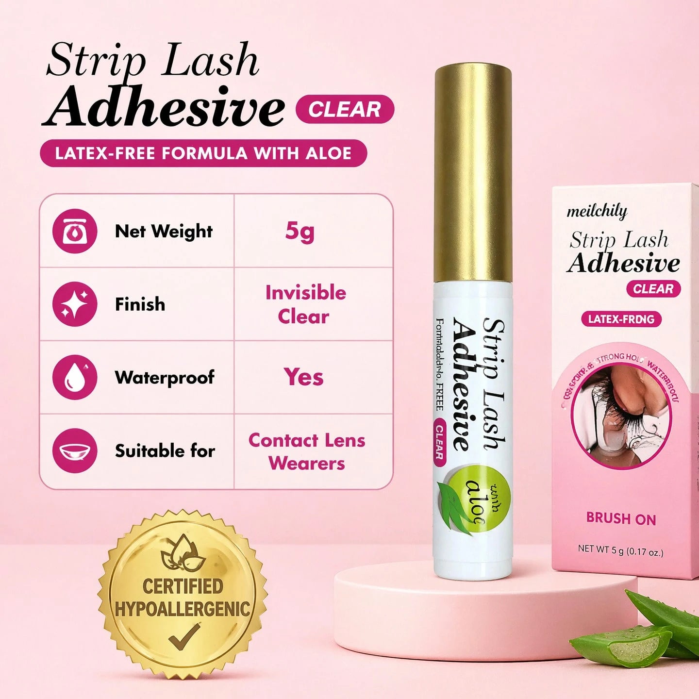 meilchily Clear Brush On Strip Lash Adhesive With Aloe Extract, Latex & Formaldehyde Free Hypoallergenic Eyelash Glue, 24H Long Lasting Waterproof Invisible Lash Glue For Sensitive Eyes & Lens Wearers