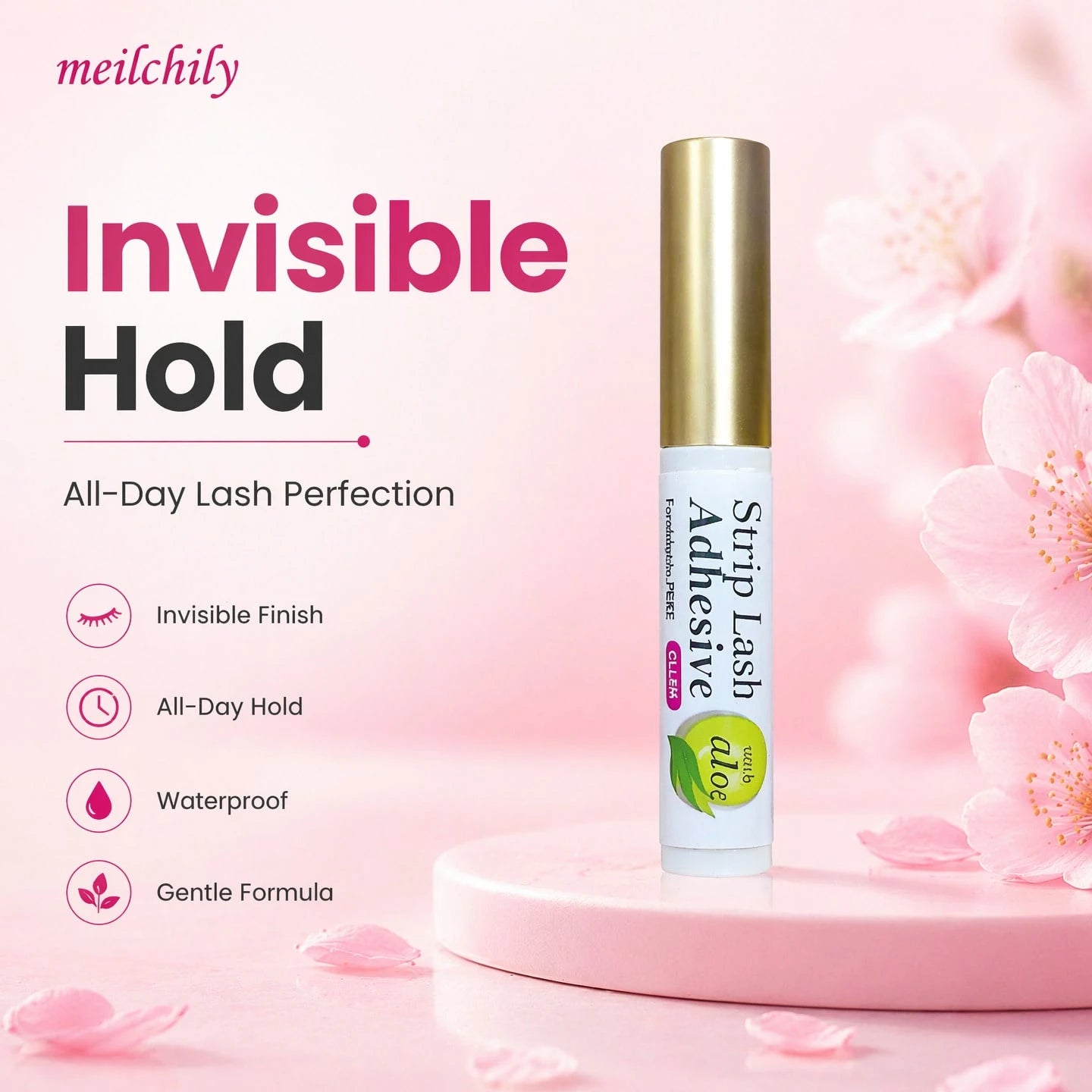 meilchily Clear Brush On Strip Lash Adhesive With Aloe Extract, Latex & Formaldehyde Free Hypoallergenic Eyelash Glue, 24H Long Lasting Waterproof Invisible Lash Glue For Sensitive Eyes & Lens Wearers