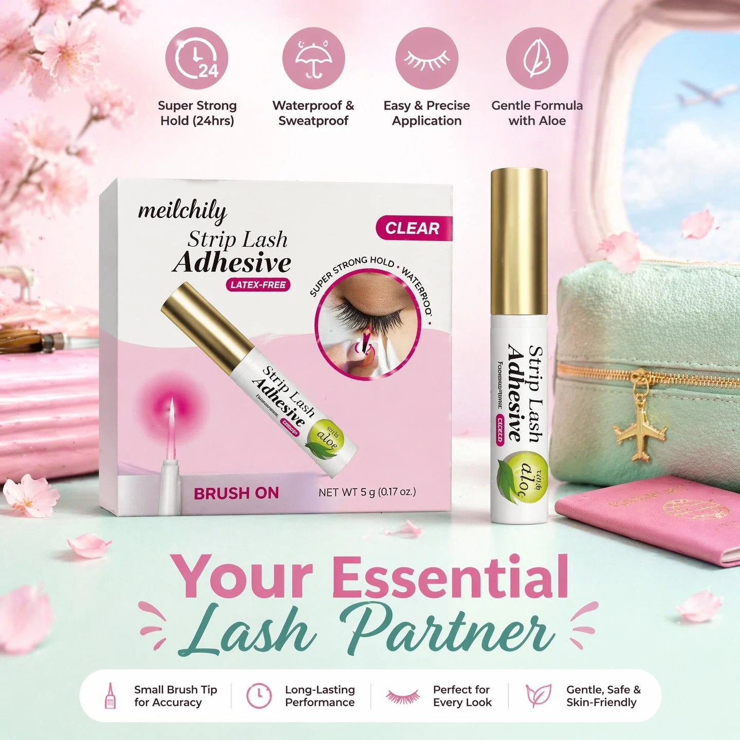 meilchily Clear Brush On Strip Lash Adhesive With Aloe Extract, Latex & Formaldehyde Free Hypoallergenic Eyelash Glue, 24H Long Lasting Waterproof Invisible Lash Glue For Sensitive Eyes & Lens Wearers
