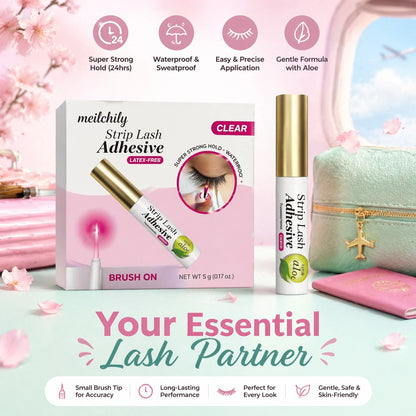meilchily Clear Brush On Strip Lash Adhesive With Aloe Extract, Latex & Formaldehyde Free Hypoallergenic Eyelash Glue, 24H Long Lasting Waterproof Invisible Lash Glue For Sensitive Eyes & Lens Wearers