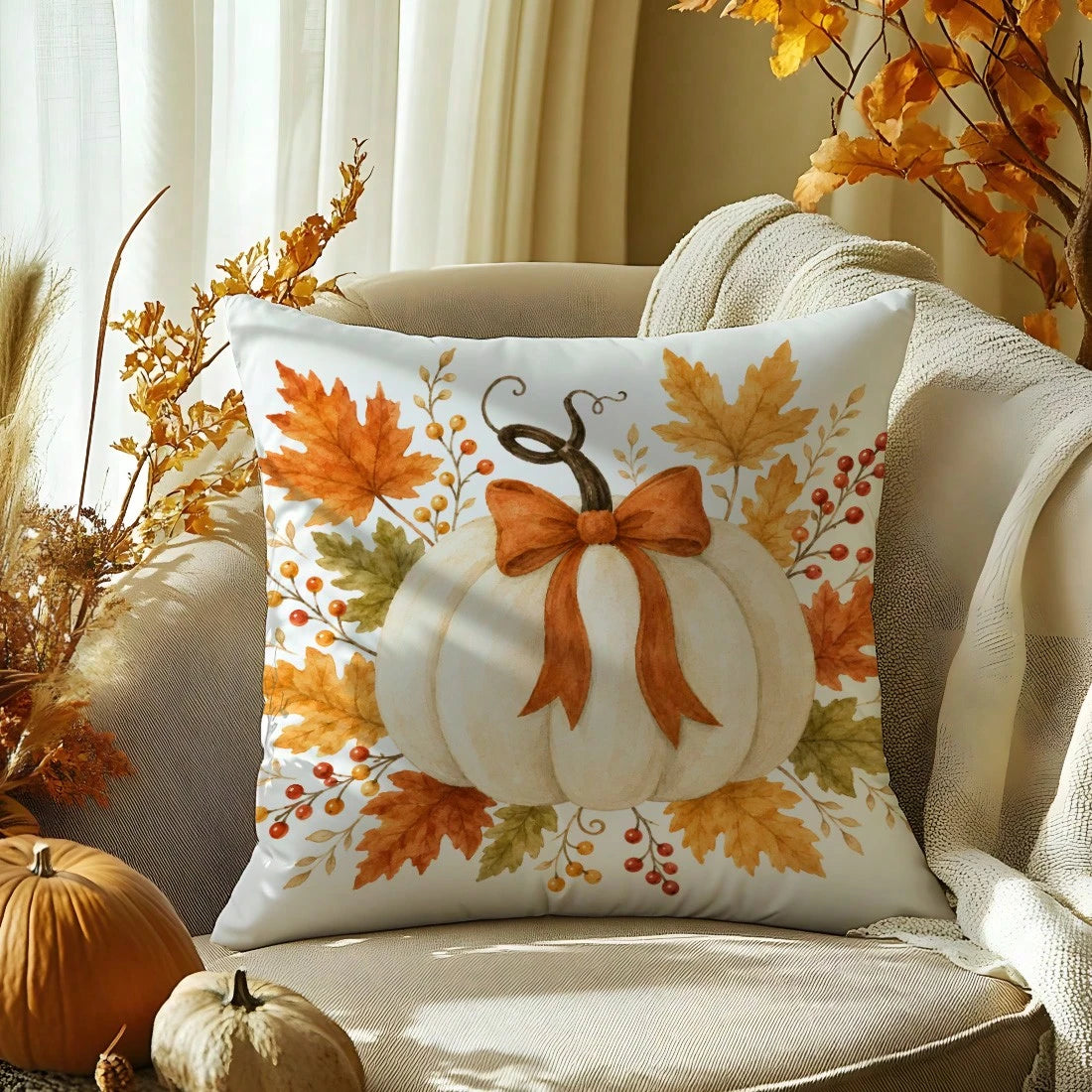 MEMNUN 1pc White Pumpkin Ribbon Bow Maple Leaf Berry Print Pillowcase [Pillow Insert Not Included], 40*40cm/45*45cm/50*50cm, [Single-Sided Print] Made Of Polyester Material Autumn Harvest Decor Cushio