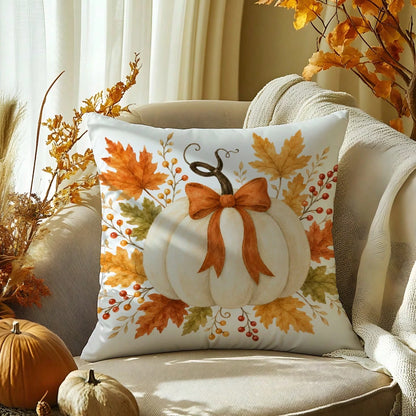 MEMNUN 1pc White Pumpkin Ribbon Bow Maple Leaf Berry Print Pillowcase [Pillow Insert Not Included], 40*40cm/45*45cm/50*50cm, [Single-Sided Print] Made Of Polyester Material Autumn Harvest Decor Cushio