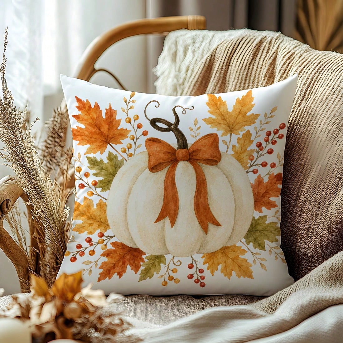 MEMNUN 1pc White Pumpkin Ribbon Bow Maple Leaf Berry Print Pillowcase [Pillow Insert Not Included], 40*40cm/45*45cm/50*50cm, [Single-Sided Print] Made Of Polyester Material Autumn Harvest Decor Cushio