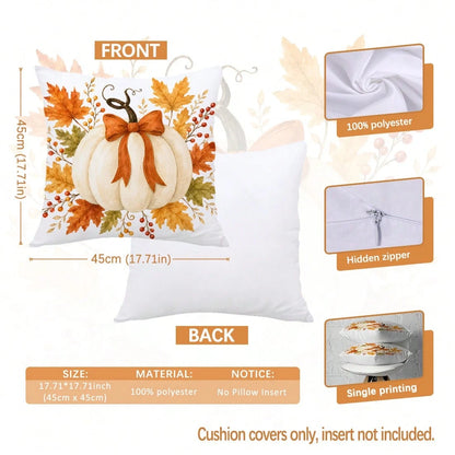 MEMNUN 1pc White Pumpkin Ribbon Bow Maple Leaf Berry Print Pillowcase [Pillow Insert Not Included], 40*40cm/45*45cm/50*50cm, [Single-Sided Print] Made Of Polyester Material Autumn Harvest Decor Cushio