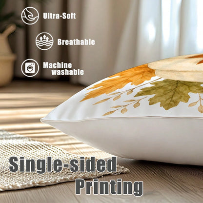 MEMNUN 1pc White Pumpkin Ribbon Bow Maple Leaf Berry Print Pillowcase [Pillow Insert Not Included], 40*40cm/45*45cm/50*50cm, [Single-Sided Print] Made Of Polyester Material Autumn Harvest Decor Cushio
