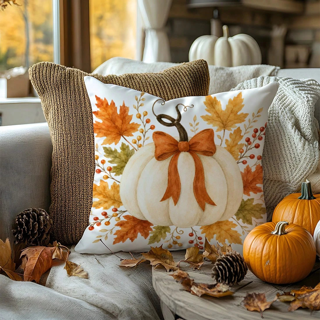 MEMNUN 1pc White Pumpkin Ribbon Bow Maple Leaf Berry Print Pillowcase [Pillow Insert Not Included], 40*40cm/45*45cm/50*50cm, [Single-Sided Print] Made Of Polyester Material Autumn Harvest Decor Cushio
