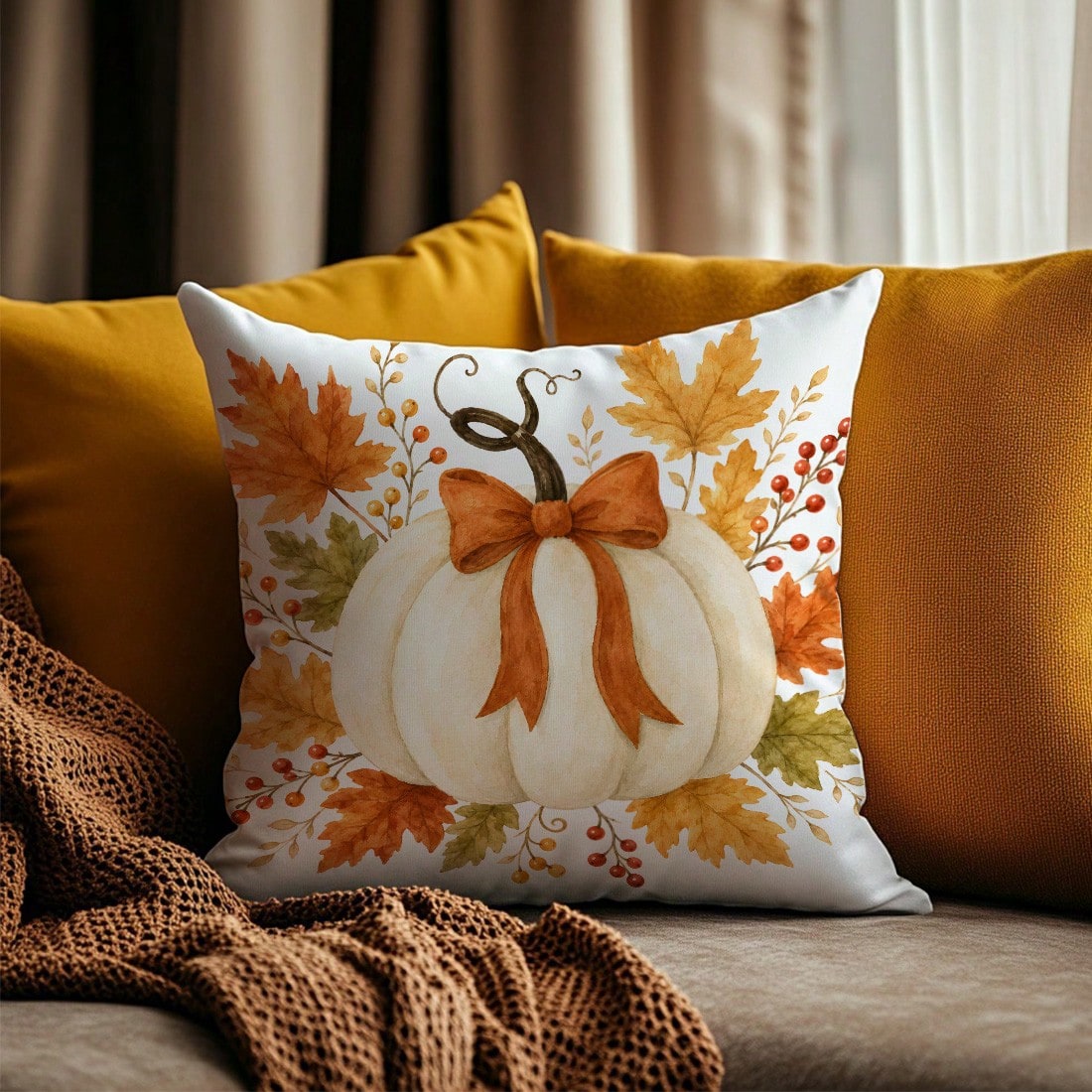 MEMNUN 1pc White Pumpkin Ribbon Bow Maple Leaf Berry Print Pillowcase [Pillow Insert Not Included], 40*40cm/45*45cm/50*50cm, [Single-Sided Print] Made Of Polyester Material Autumn Harvest Decor Cushio