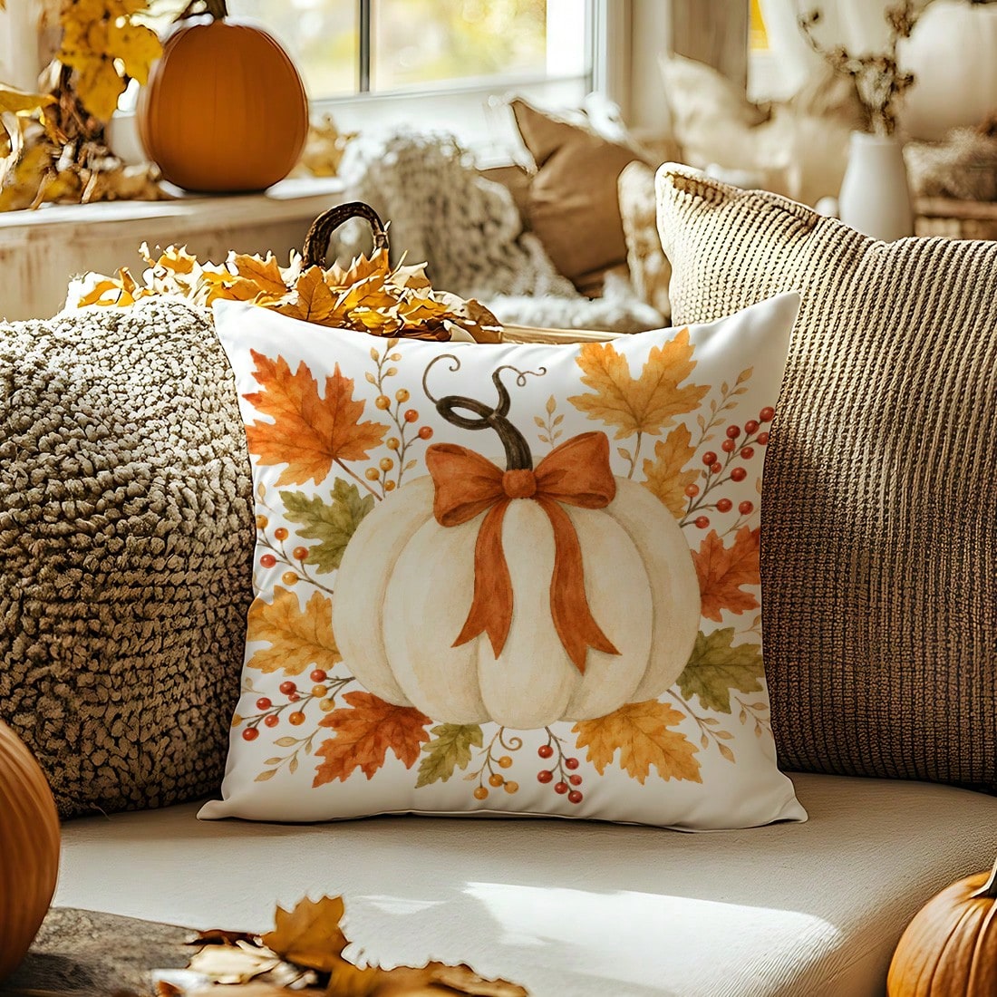 MEMNUN 1pc White Pumpkin Ribbon Bow Maple Leaf Berry Print Pillowcase [Pillow Insert Not Included], 40*40cm/45*45cm/50*50cm, [Single-Sided Print] Made Of Polyester Material Autumn Harvest Decor Cushio