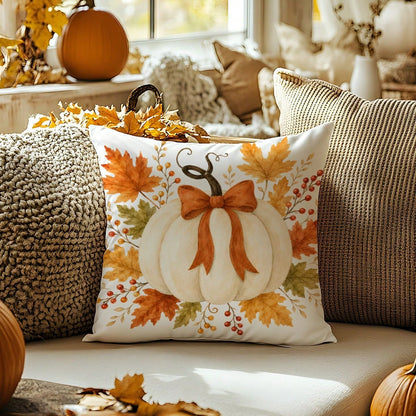 MEMNUN 1pc White Pumpkin Ribbon Bow Maple Leaf Berry Print Pillowcase [Pillow Insert Not Included], 40*40cm/45*45cm/50*50cm, [Single-Sided Print] Made Of Polyester Material Autumn Harvest Decor Cushio