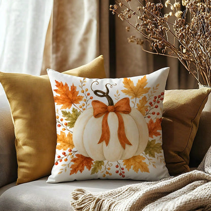 MEMNUN 1pc White Pumpkin Ribbon Bow Maple Leaf Berry Print Pillowcase [Pillow Insert Not Included], 40*40cm/45*45cm/50*50cm, [Single-Sided Print] Made Of Polyester Material Autumn Harvest Decor Cushio
