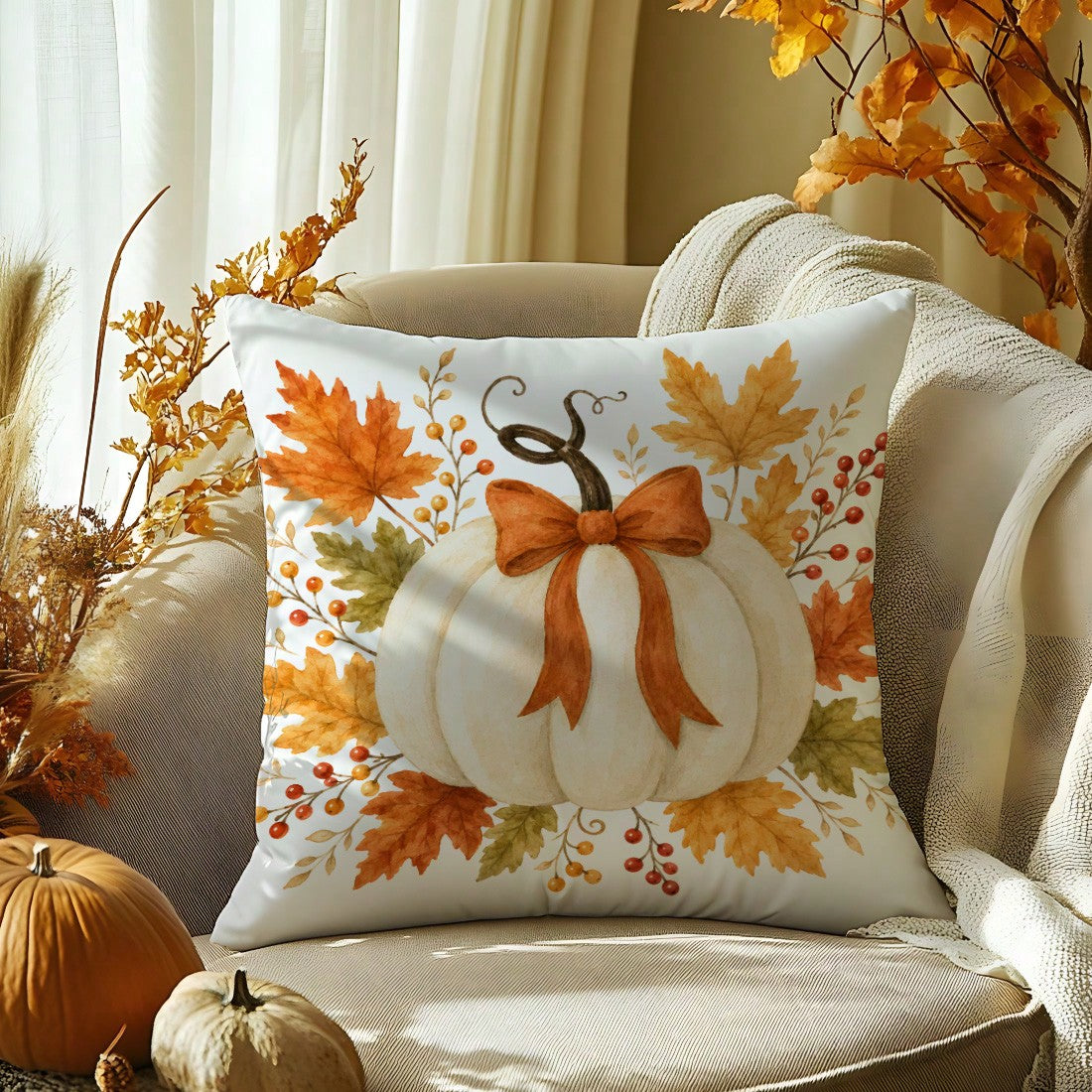 MEMNUN 1pc White Pumpkin Ribbon Bow Maple Leaf Berry Print Pillowcase [Pillow Insert Not Included], 40*40cm/45*45cm/50*50cm, [Single-Sided Print] Made Of Polyester Material Autumn Harvest Decor Cushio
