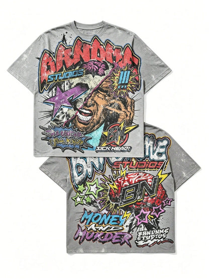 Men Clothes Y2K Graphic Tee, Streetwear Men Anime Shirt, Men Hip-Hop Retro Broken Head Print, Summer Clothes Casual Short Sleeve Top