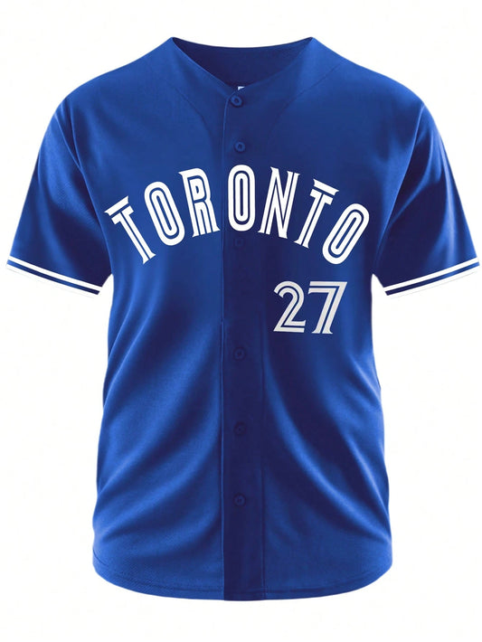 Men's Baseball Jersey 27 Blue Button-Down Embroidered Sports T-Shirt Gym Clothes Men Basic T Shirt