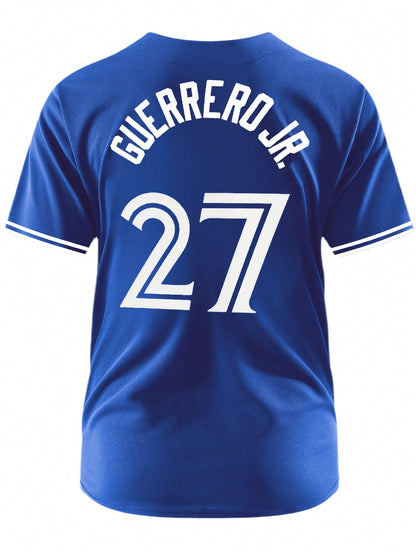 Men's Baseball Jersey 27 Blue Button-Down Embroidered Sports T-Shirt Gym Clothes Men Basic T Shirt