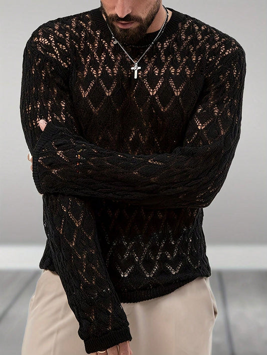 Men's Black Hollow Out Knitted Sweater Long Sleeve – Lace Pattern Crew Neck Design – Soft Breathable Fabric Fashion Casual Top – For Daily Streetwear Outdoor Wear & Style, Fall