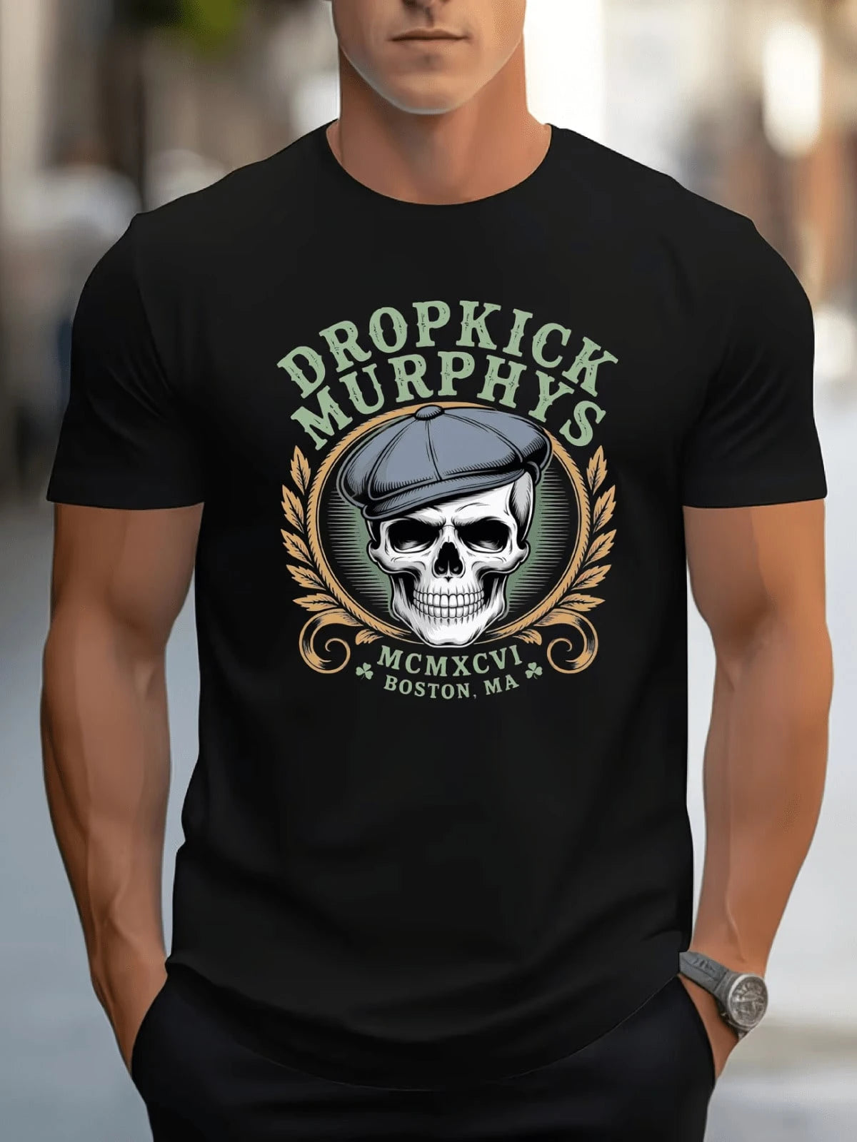 Men'S Crew Neck T-Shirt Black Dropkick Murphys Skull And Beret Graphic Print For