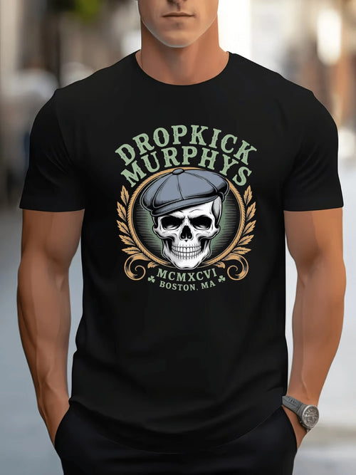 Men'S Crew Neck T-Shirt Black Dropkick Murphys Skull And Beret Graphic Print For