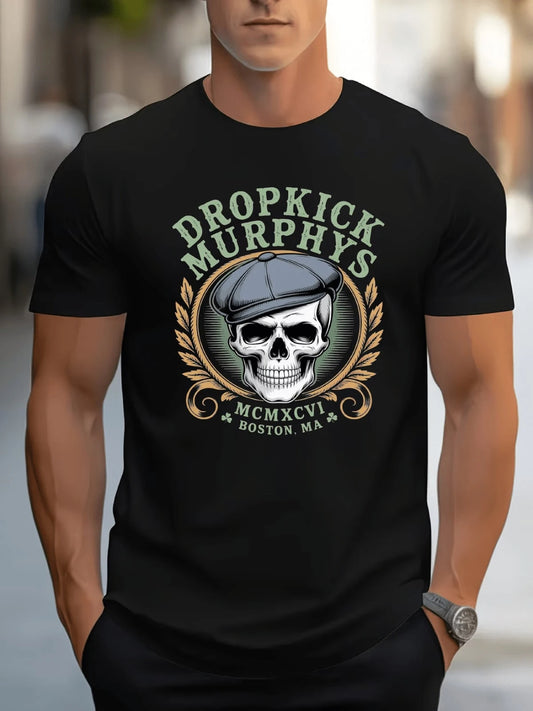 Men'S Crew Neck T-Shirt Black Dropkick Murphys Skull And Beret Graphic Print For