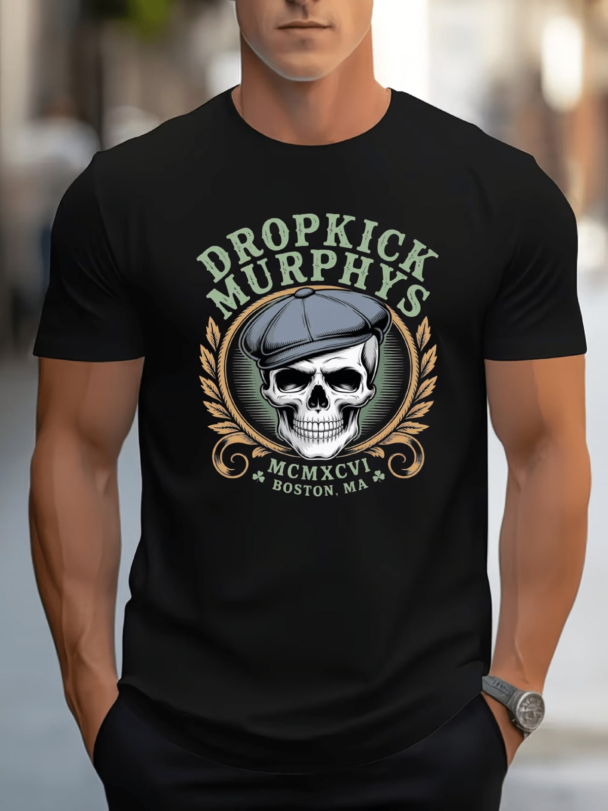 Men'S Crew Neck T-Shirt Black Dropkick Murphys Skull And Beret Graphic Print For
