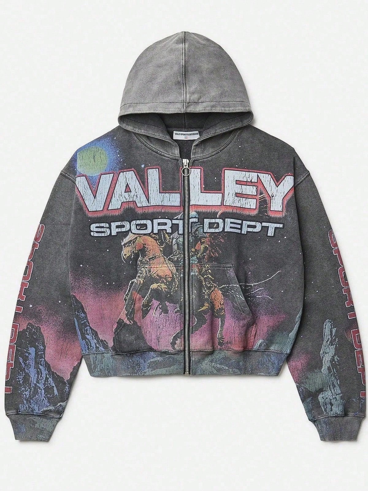 Men's Dark Grey Y2K Acid Wash Hoodie With Astro Knight & Cosmic Galaxy Print- Retro Futurism Cropped Zip-Up For Streetwear