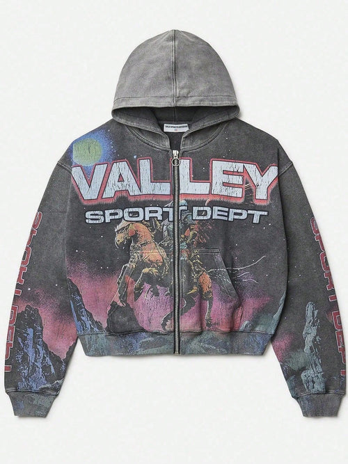 Men's Dark Grey Y2K Acid Wash Hoodie With Astro Knight & Cosmic Galaxy Print- Retro Futurism Cropped Zip-Up For Streetwear