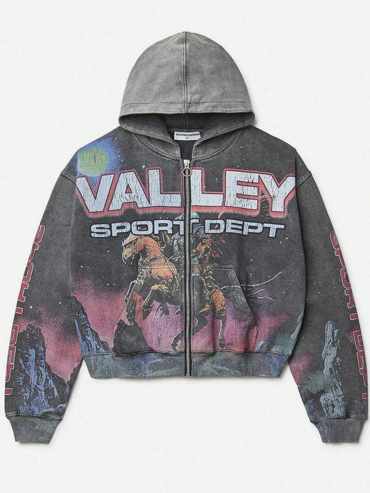 Men's Dark Grey Y2K Acid Wash Hoodie With Astro Knight & Cosmic Galaxy Print- Retro Futurism Cropped Zip-Up For Streetwear