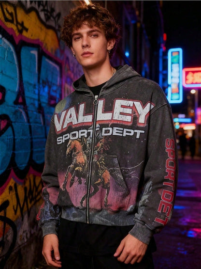 Men's Dark Grey Y2K Acid Wash Hoodie With Astro Knight & Cosmic Galaxy Print- Retro Futurism Cropped Zip-Up For Streetwear
