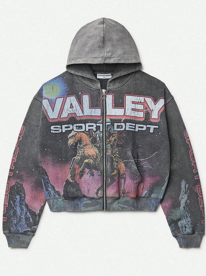 Men's Dark Grey Y2K Acid Wash Hoodie With Astro Knight & Cosmic Galaxy Print- Retro Futurism Cropped Zip-Up For Streetwear