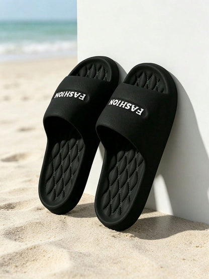 Men's Embossed Fashion Letter Lightweight Open Toe Slide Sandals, Single Upper Embossed White FASHION Letter Design, Soft Lightweight Waterproof EVA Material, Rhombus Pattern Non-Slip Thickened Cushio
