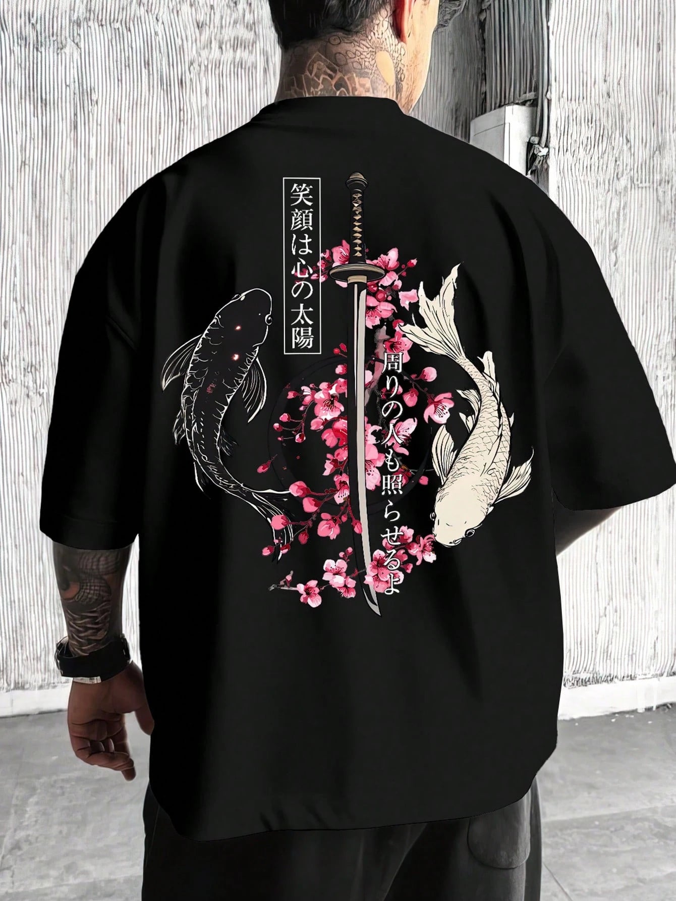 Men's Lightweight 100% Polyester Japanese Koi Samurai Sword Cherry Blossom Print Loose Short Sleeve T-Shirt, Round Neck Streetwear Y2K Harajuku Style Casual Half Sleeve Top, Consumable, Japanese, Anim