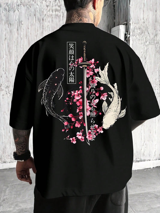 Men's Lightweight 100% Polyester Japanese Koi Samurai Sword Cherry Blossom Print Loose Short Sleeve T-Shirt, Round Neck Streetwear Y2K Harajuku Style Casual Half Sleeve Top, Consumable, Japanese, Anim